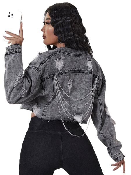 

ripped chain detail raw cut drop shoulder crop denim jacket 80pr#, Black;brown