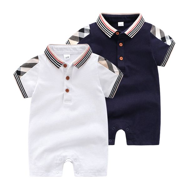 

100%cotton 1-2 years baby rompers boy girl summer fashion plaid newborn luxury lapel short sleeves kids jumpsuit, Blue