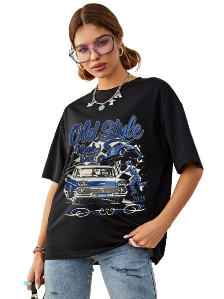 

car & letter graphic drop shoulder tee l2zo#, White