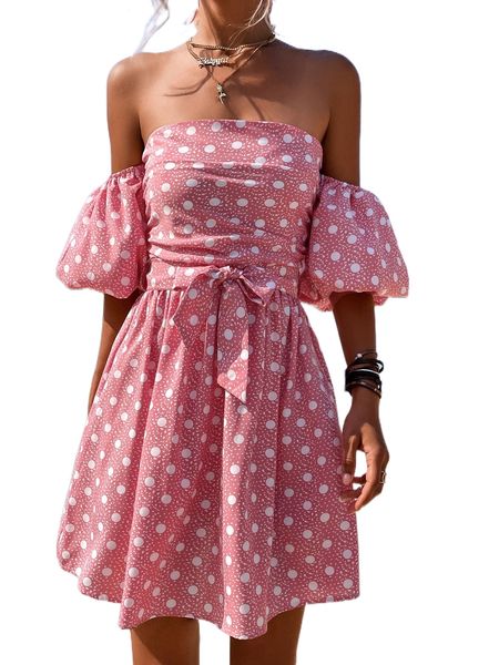 

polka dot off shoulder shirred back lantern sleeve belted dress 687c#, Black;gray