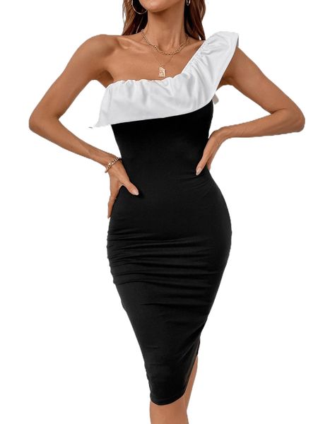 

colorblock one shoulder ruffle trim bodycon dress g7jo#, Black;gray