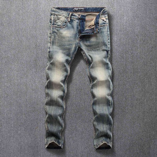 

men's jeans high street fashion brand worn yellow jeans men's slim fit elastic washing water small feet versatile trendy pants 70f, Blue