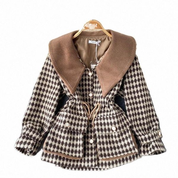 

women's trench coats college style doll collar woolen coat female autumn winter short french temperament lace-up waist kk1551 l3f9#, Tan;black