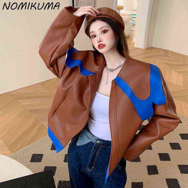 

nomikuma elegant hit color ruffle turn-down collar pu leather coat women long sleeve fashion jacket 2022 spring short outwear l220728, Black