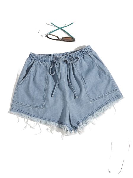 

knot waist patched slant pocket raw hem shorts h5ah#, White;black