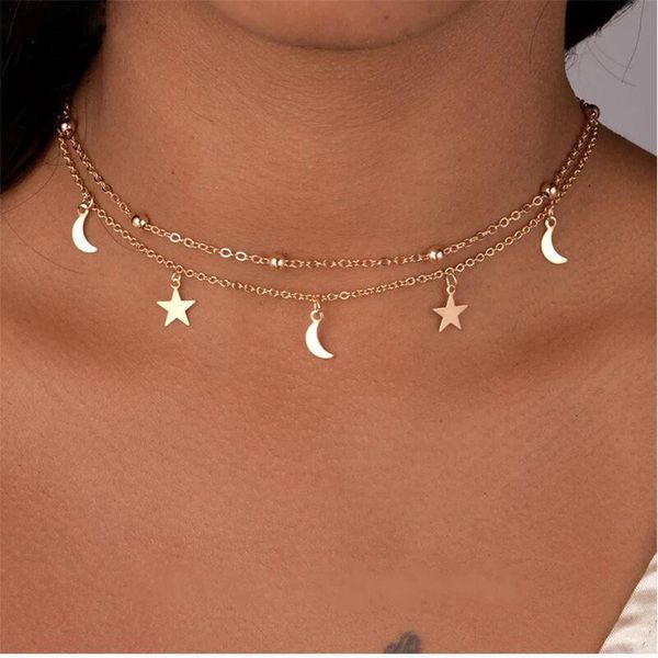 Chokers Fashion Moda camada de aço inoxidável pingente de aço feminino 18k Silver Lua Star Horn Crescente Colar Duplo Colar de Colares