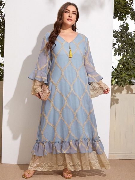 

plus plants embroidery contrast lace flounce sleeve smock dress d5g8#, Black