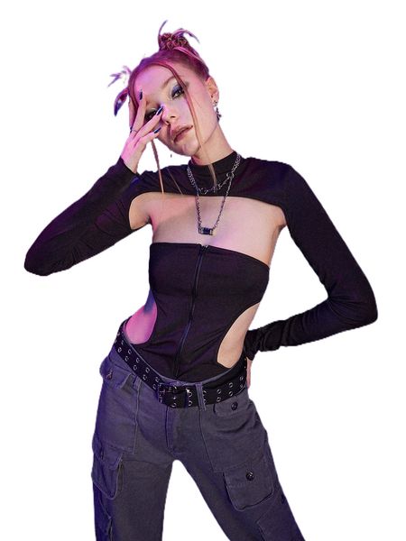 

romwe cyber luvr zip up cut out tube bodysuit & super crop u7yv#, White