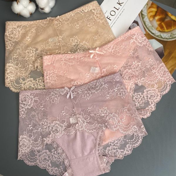 

women cotton panties underwear lace briefs breathable soft transparent floral lingeries mid-rise plus size female, Black;pink