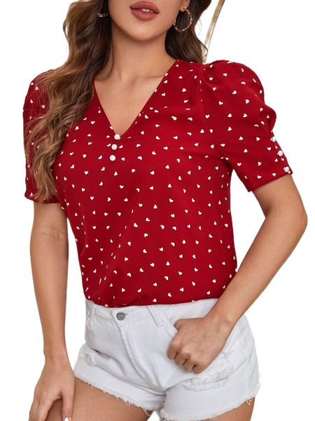 

confetti heart print puff sleeve button detail blouse o4bw#, White