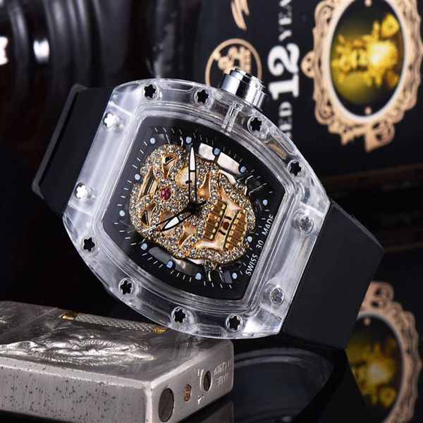 

2020 new black skull men's sports watch men and women casual fashion skeleton watch luxury quartz movement men's watch262h, Slivery;brown