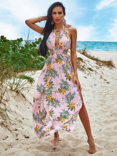 

sxy floral print backless split thigh halter dress p4dw#, Black;gray