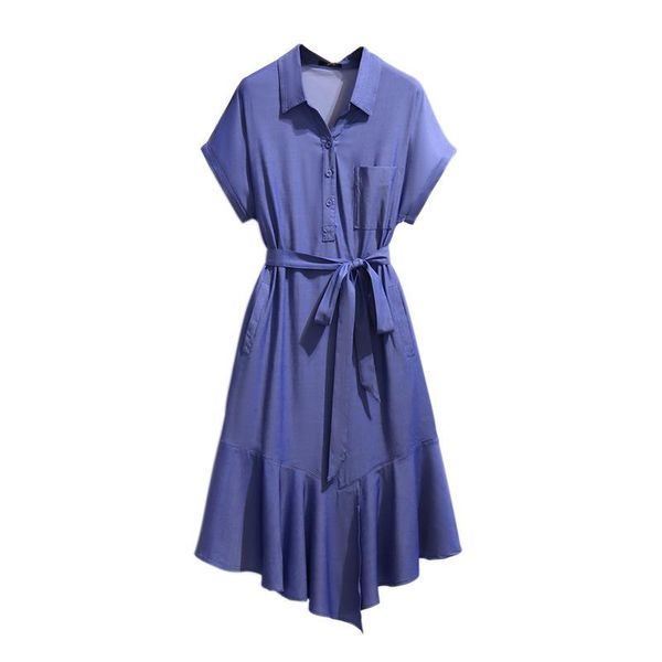 Abiti in più dimensioni 2022 Ladies Summer Shirt Dress per donna Ampia manica corta Blue Denim Pold Pocket Belt 3XL 4XL 5XL 6XL