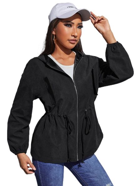 

petite zip up drawstring waist hooded coat n62r#, Black