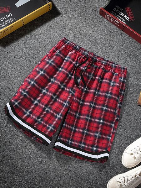 

men tartan striped trim drawstring waist shorts c9mb#, White;black