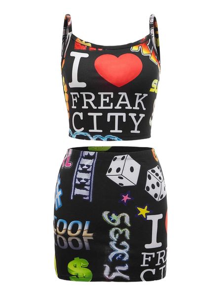 

x freak city random print cami & bodycon skirt set 55py#, White