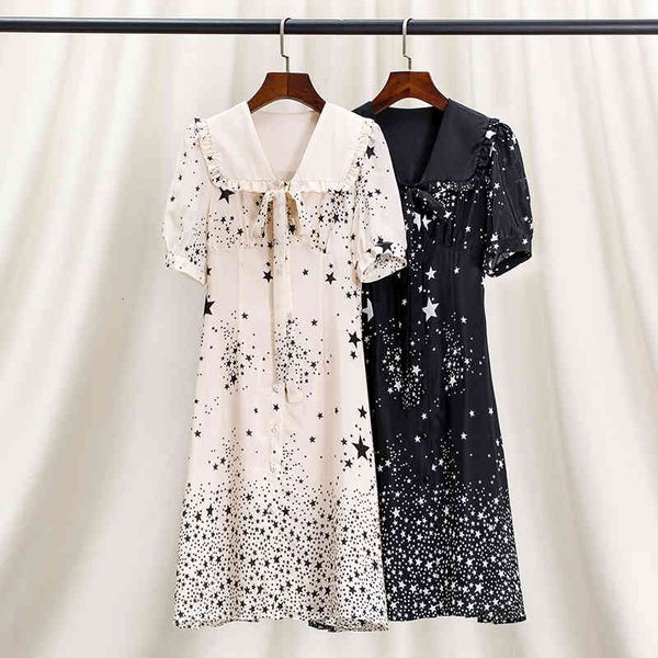 

casual dresses miu family college style crepe de chine mulberry silk heavy dress young women's navy collar star skirt spring, Black;gray
