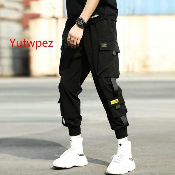 Streetwear Hip Hop Black Harem Pants Men da cintura elástica Punk com fitas casuais Slim Jogger Trouser Drak22