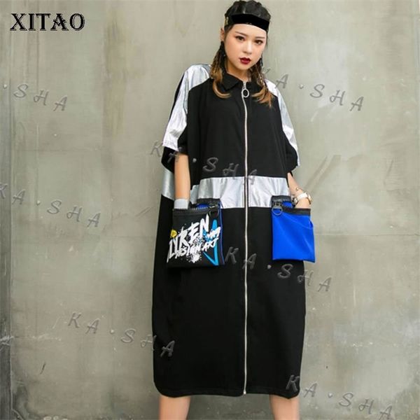 

xitao patchwork hit color pocket plus size trench women clothes 2020 spring new fashion loose zipper short sleeve coat lj200903, Tan;black