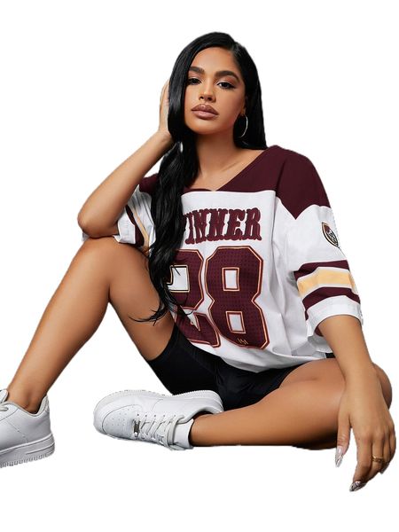 

sxy colorblock & letter graphic drop shoulder jersey tee j8ym#, White