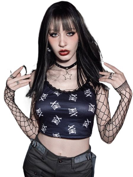 

romwe x gimetzco punk rock cartoon print contrast lace crop cami l8rd#, White