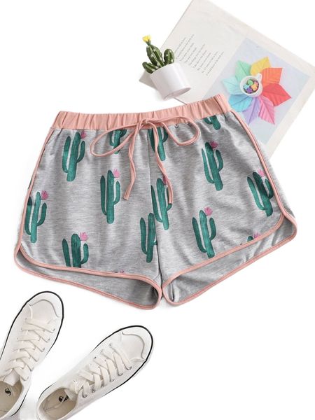 

drawstring waist cactus print contrast binding track shorts z4me#, White;black