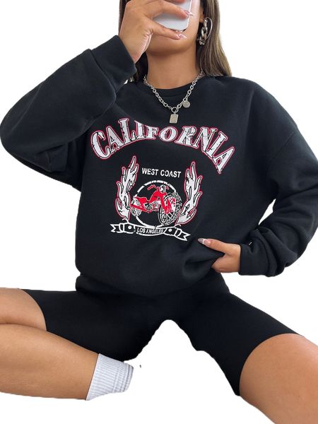 

motorcycle & letter graphic drop shoulder pullover c51p#, Black