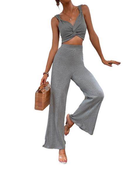 

twist crop tank & high waist flare leg pants w6xe#, White