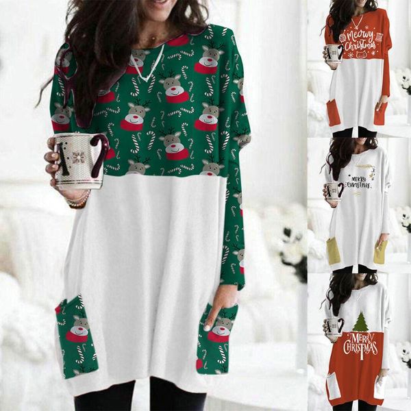 

casual dresses women autumn loose shift dress christmas print long sleeve round neck side pockets dresscasual, Black;gray
