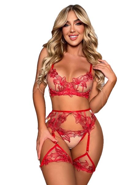 

3pack embroidery underwire garter lingerie set f82s#, Black;red