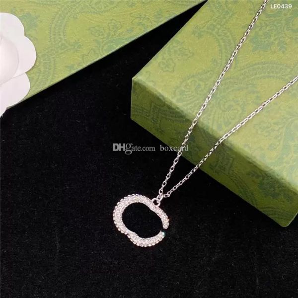 

luxury full diamond necklace couple double letter pendant necklace steel seal stamp crystal pendants with gift box, Silver