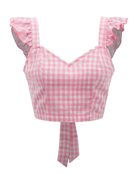 

gingham ruffle strap tied open back 40qb#, White