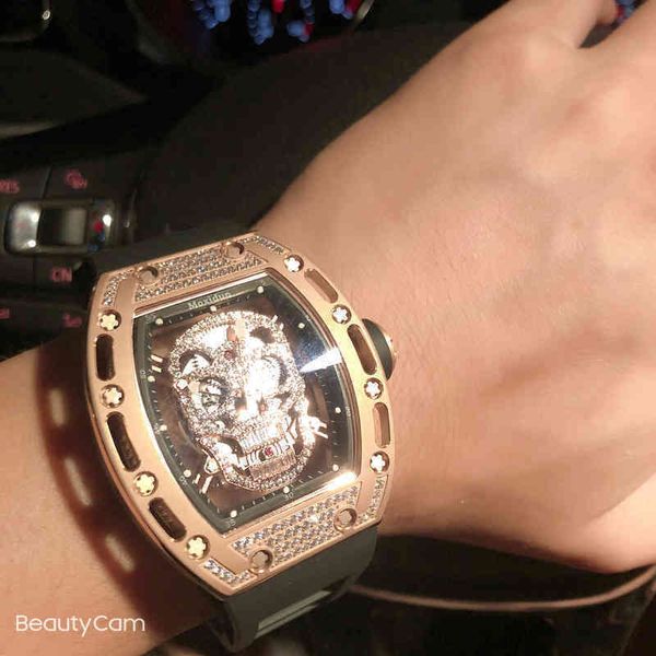

luxury mens mechanics watch richa diamond full fashion evil skull large dial milles ghost trend mechanical, Slivery;brown