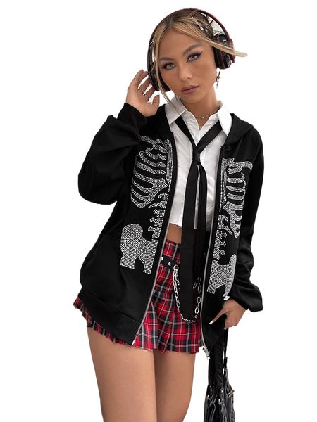 

skeleton rhinestone drop shoulder zip up hoodie without tee w4kq#, Black