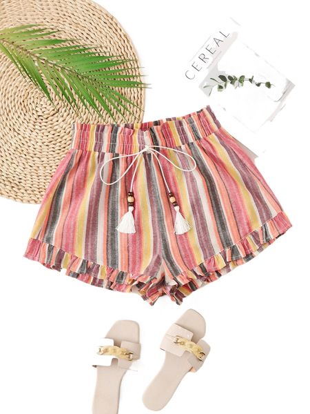 

block striped tassel tie waist ruffle hem shorts g4ef#, White;black