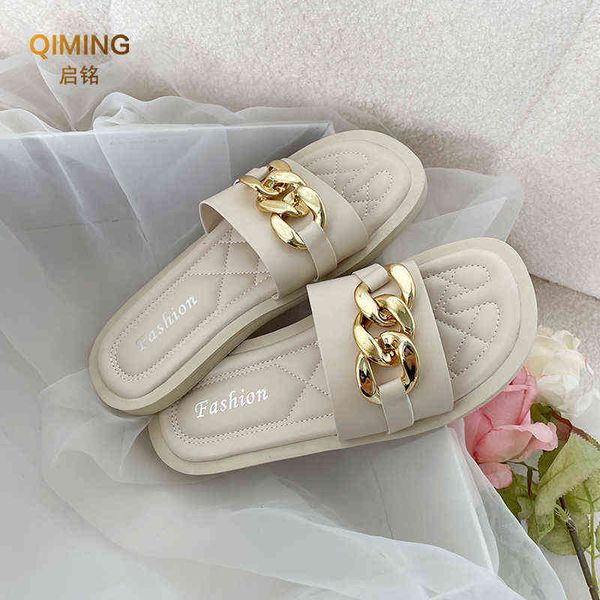 

summer home slippers women slides shoes sandals fashion metal chain leather flat slipper beach house shoes flip flops platform y220622, Black
