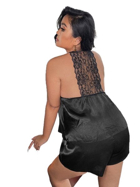 

plus satin button front contrast lace pj set 56j6#, Black;white