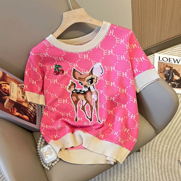 

fawn embroidered 2022 korean trendy t-shirt east gate pop letter printed round neck ice silk sweater summer for female, White;black