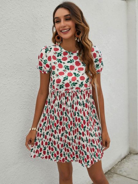 

floral print pleated hem dress s20e#, Black;gray