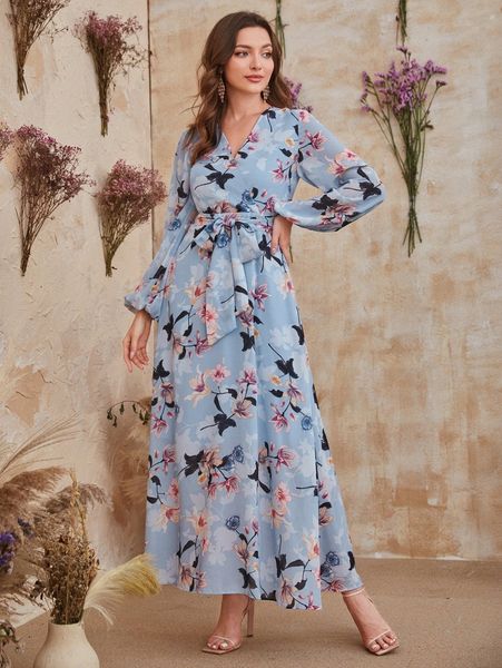 

floral print lantern sleeve belted dress k3fw#, Black;gray