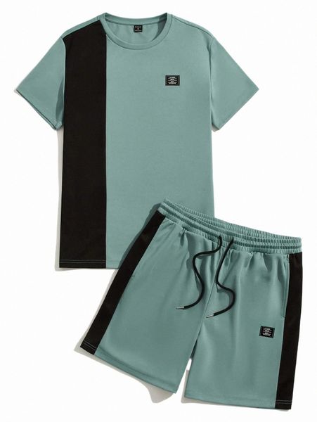 

men patched detail colorblock & track shorts set x892#, Gray