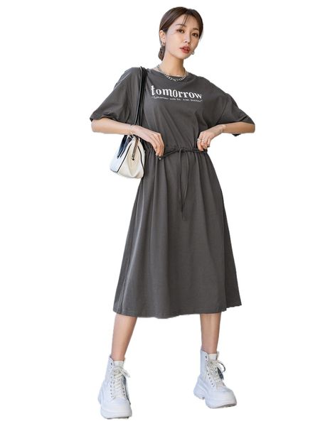 

dazy slogan print drawstring front dress 72ag#, Black;gray