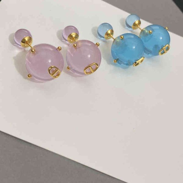 

factory wholesale front and back two wear letters blue glass female earrings tide short brass s925 silver needle earrings, Golden