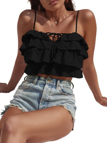 

knot front layered ruffle trim crop cami l0hl#, White