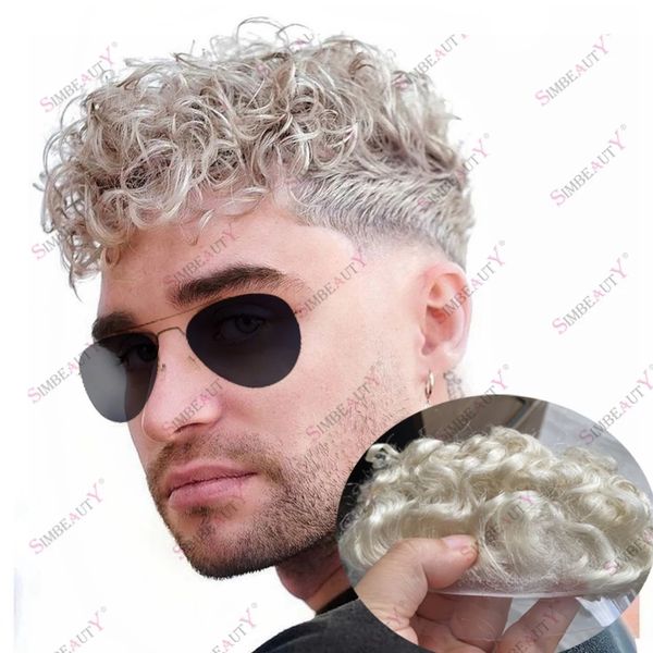 20 -миллиметровая супер натуральная линия волос блондинка Curly настраивая 100% человеческая палата для мужчин для мужчин кожи с тонкой базой PU.