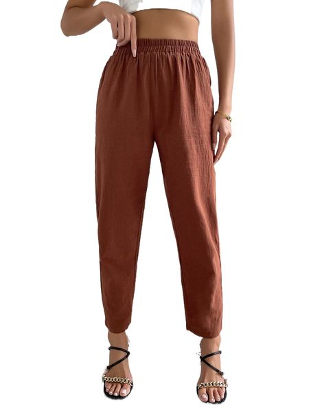 

solid elastic waist carrot pants 45x6#, Black;white