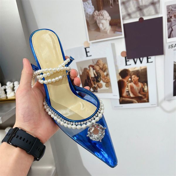 

new brand fashion sandals and high heels design ladies solid color versatile temperament transparent princess pearl crystal shoes blue, Black