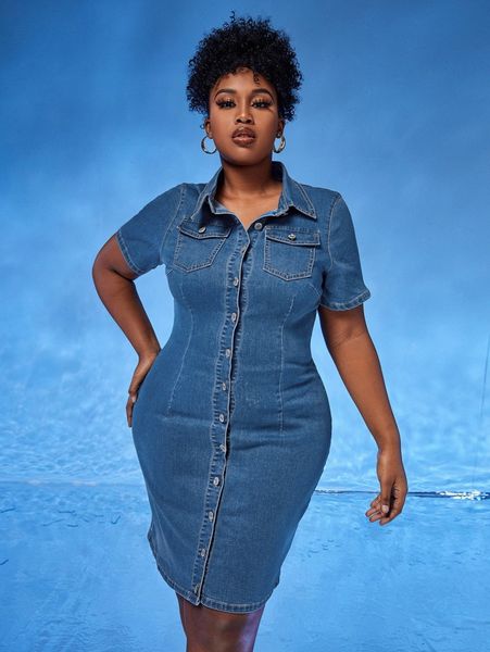 

plus button front denim bodycon dress 90id#, Black