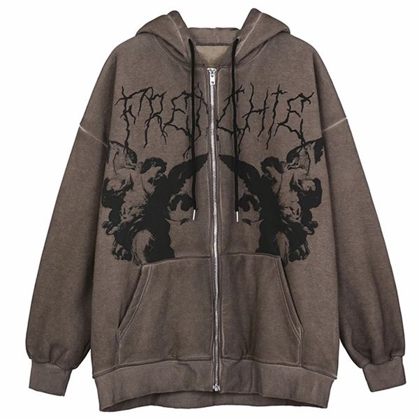

female zip up long sleeve womens sweatshirt y2k aesthetic gothic grunge clothes vintage angel print oversized hoodies 220816, Black