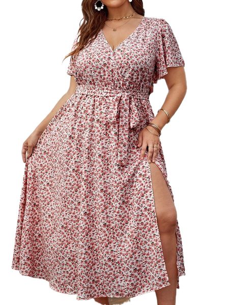 

plus ditsy floral flutter sleeve overlap collar slit thigh belted dress t7ag#, Black